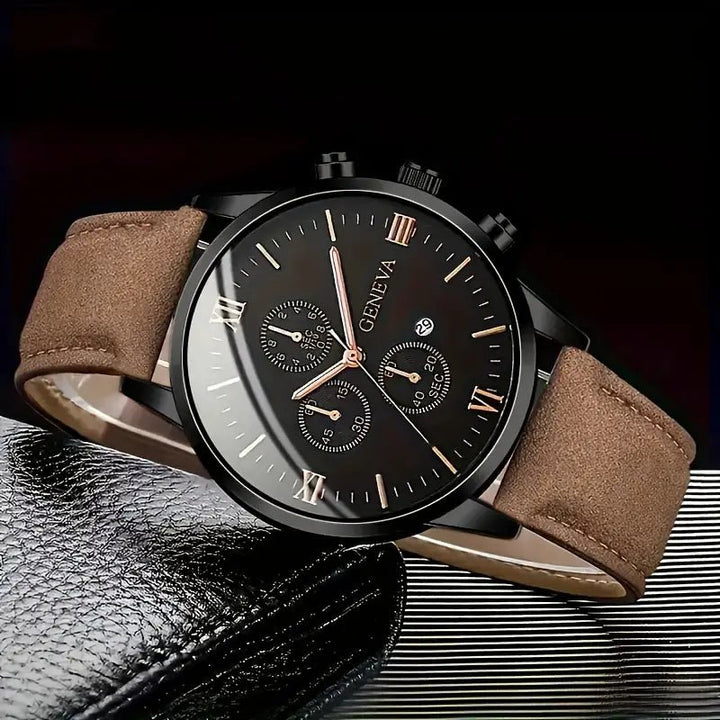 1pc Geneva Vintage Men'S Quartz Watch, Round Alloy Case, Analog Display, with Date Feature, PU Leather Strap, Battery Powered (Button Battery), - AlifdukanAlifdukan types here :)