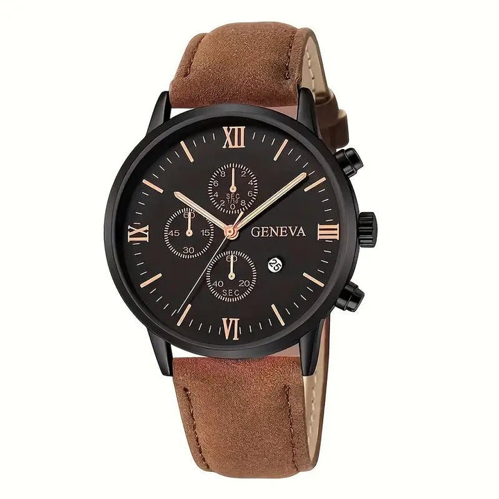 1pc Geneva Vintage Men'S Quartz Watch, Round Alloy Case, Analog Display, with Date Feature, PU Leather Strap, Battery Powered (Button Battery), - AlifdukanAlifdukan types here :)