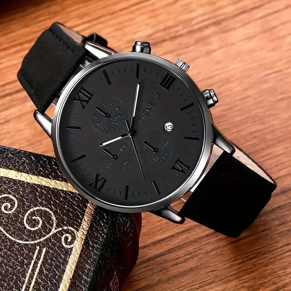 1pc Geneva Vintage Men'S Quartz Watch, Round Alloy Case, Analog Display, with Date Feature, PU Leather Strap, Battery Powered (Button Battery), - AlifdukanAlifdukan types here :)