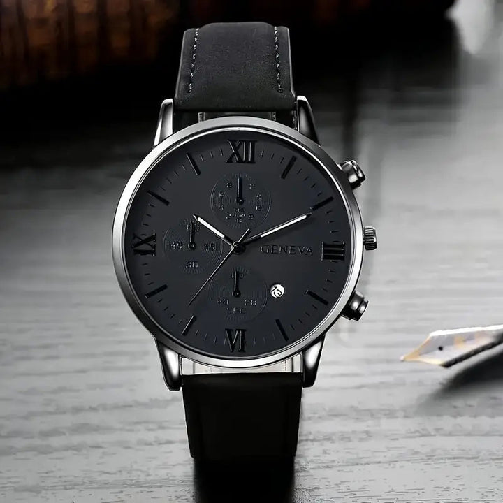 1pc Geneva Vintage Men'S Quartz Watch, Round Alloy Case, Analog Display, with Date Feature, PU Leather Strap, Battery Powered (Button Battery), - AlifdukanAlifdukan types here :)
