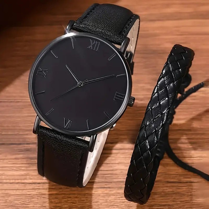 2 Pcs Black Round Quartz Watches PU Leather Strap Alloy Pointer Alloy Dial And Bracelet Gifts For Women Men - AlifdukanAlifdukan types here :)