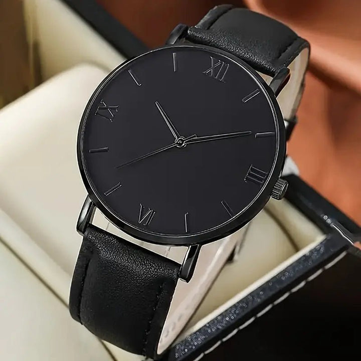 2 Pcs Black Round Quartz Watches PU Leather Strap Alloy Pointer Alloy Dial And Bracelet Gifts For Women Men - AlifdukanAlifdukan types here :)