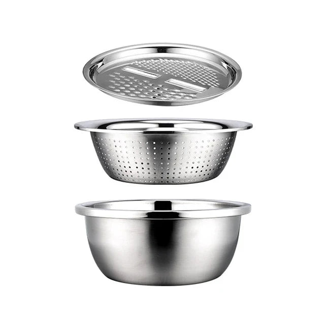 3 In 1 Multifunctional Kitchen Grater Stainless Steel Vegetable Slicer Vegetable Cutter Drain Basket Fruit Drain Basin Set - AlifdukanAlifdukan types here :)