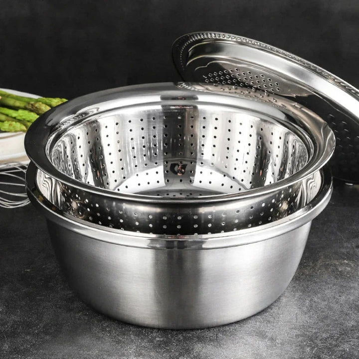 3 In 1 Multifunctional Kitchen Grater Stainless Steel Vegetable Slicer Vegetable Cutter Drain Basket Fruit Drain Basin Set - AlifdukanAlifdukan types here :)