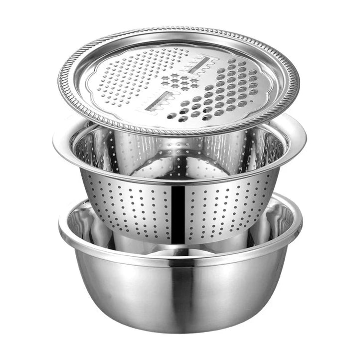 3 In 1 Multifunctional Kitchen Grater Stainless Steel Vegetable Slicer Vegetable Cutter Drain Basket Fruit Drain Basin Set - AlifdukanAlifdukan types here :)