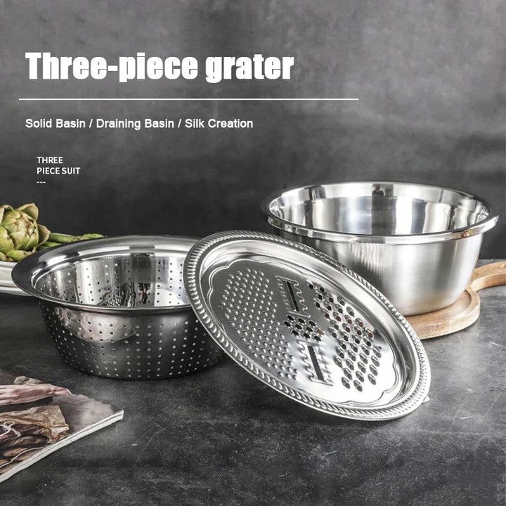 3 In 1 Multifunctional Kitchen Grater Stainless Steel Vegetable Slicer Vegetable Cutter Drain Basket Fruit Drain Basin Set - AlifdukanAlifdukan types here :)