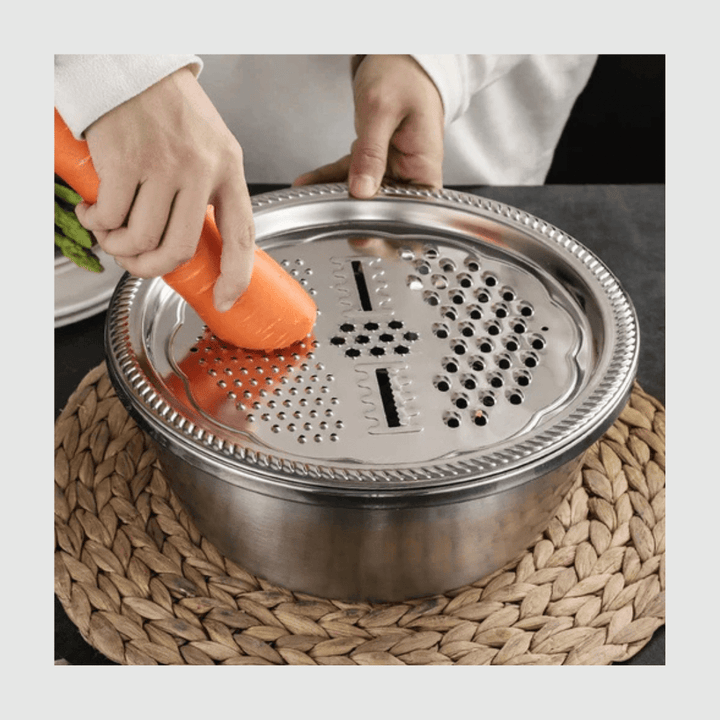 3 In 1 Multifunctional Kitchen Grater Stainless Steel Vegetable Slicer Vegetable Cutter Drain Basket Fruit Drain Basin Set - AlifdukanAlifdukan types here :)