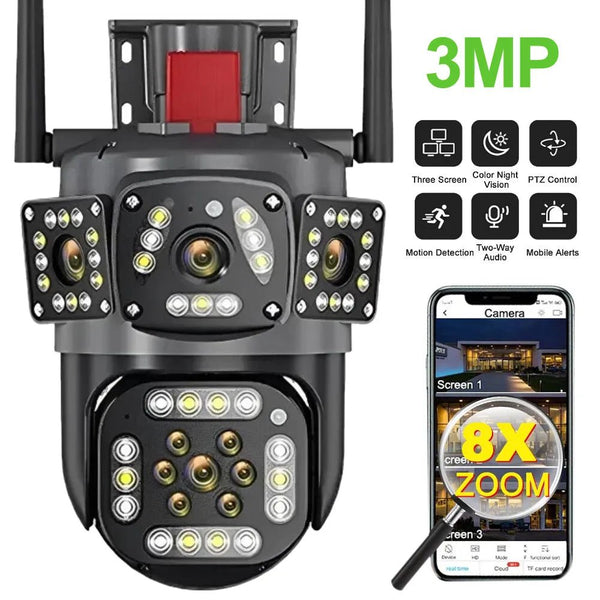360 PTZ WIFI OUTDOOR SECURITY 3 SCREEN, COLOR NIGHT VISION AUTO TRACKING, WATERPROOF, (2+2) 4MP WITH V380 PRO APP - AlifdukanAlifdukan types here :)