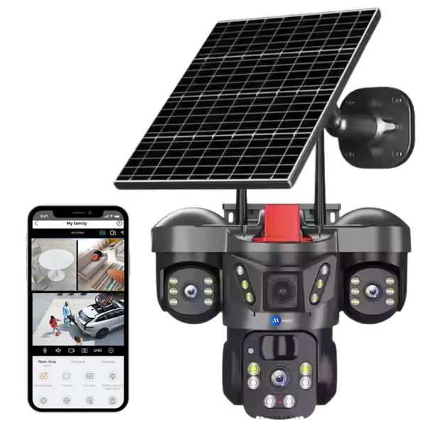 4G Solar Triple Lens 5MP Outdoor CCTV Camera | 3 - Screen View | Manual Side Rotation| Auto Tracking | Human Detection | Color Night Vision | Two - Way Audio | Multi - User Access - AlifdukanAlifdukan types here :)