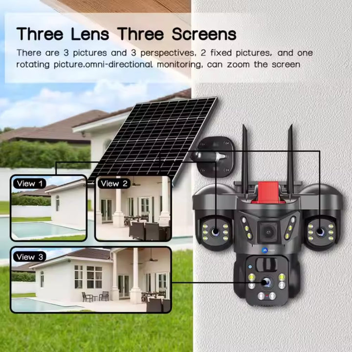 4G Solar Triple Lens 5MP Outdoor CCTV Camera | 3 - Screen View | Manual Side Rotation| Auto Tracking | Human Detection | Color Night Vision | Two - Way Audio | Multi - User Access - AlifdukanAlifdukan types here :)