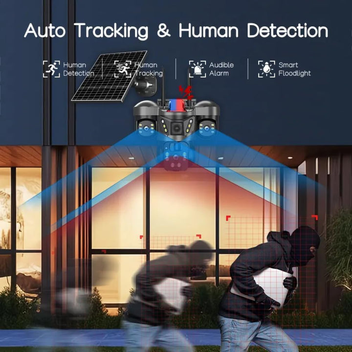 4G Solar Triple Lens 5MP Outdoor CCTV Camera | 3 - Screen View | Manual Side Rotation| Auto Tracking | Human Detection | Color Night Vision | Two - Way Audio | Multi - User Access - AlifdukanAlifdukan types here :)