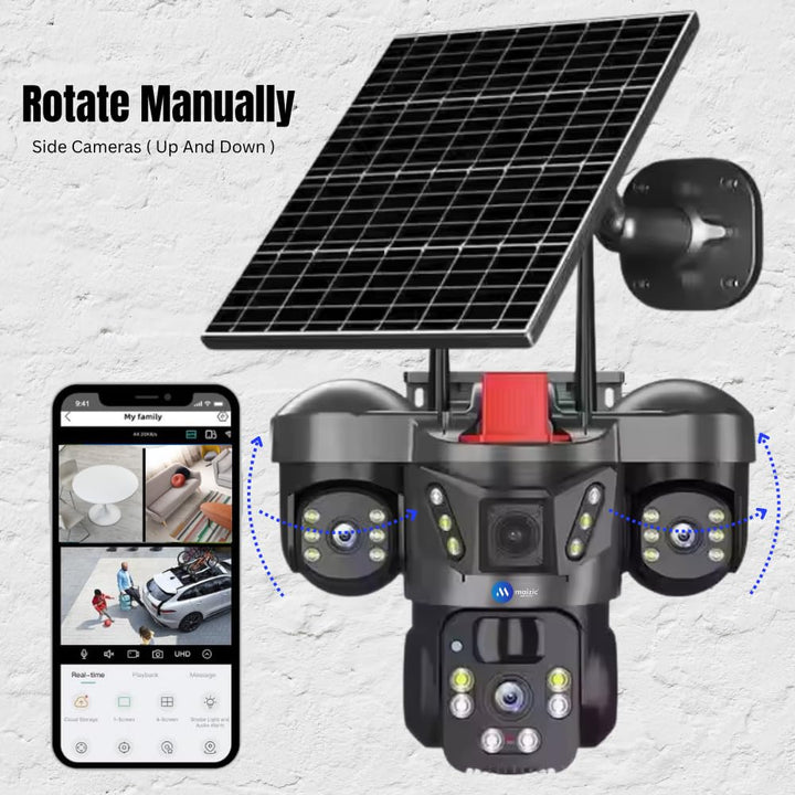 4G Solar Triple Lens 5MP Outdoor CCTV Camera | 3 - Screen View | Manual Side Rotation| Auto Tracking | Human Detection | Color Night Vision | Two - Way Audio | Multi - User Access - AlifdukanAlifdukan types here :)