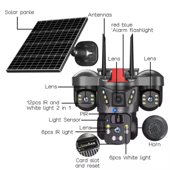4G Solar Triple Lens 5MP Outdoor CCTV Camera | 3 - Screen View | Manual Side Rotation| Auto Tracking | Human Detection | Color Night Vision | Two - Way Audio | Multi - User Access - AlifdukanAlifdukan types here :)