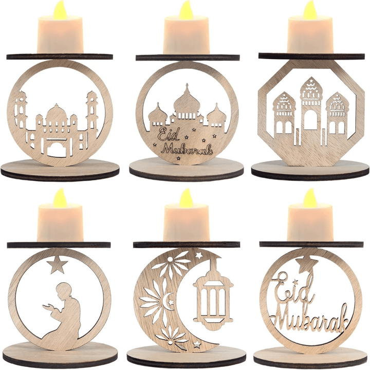 6‑Pack Wooden Ramadan Candle Holders – “Eid Mubarak” Décor with Star, Crescent Moon - AlifdukanAlifdukan types here :)