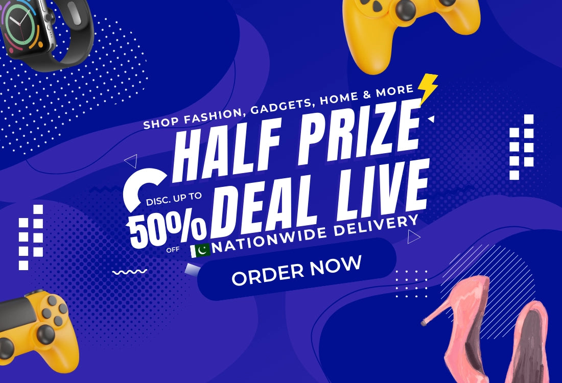  Promotional banner for half price deal live in Pakistan, offering up to 50% off on fashion, 