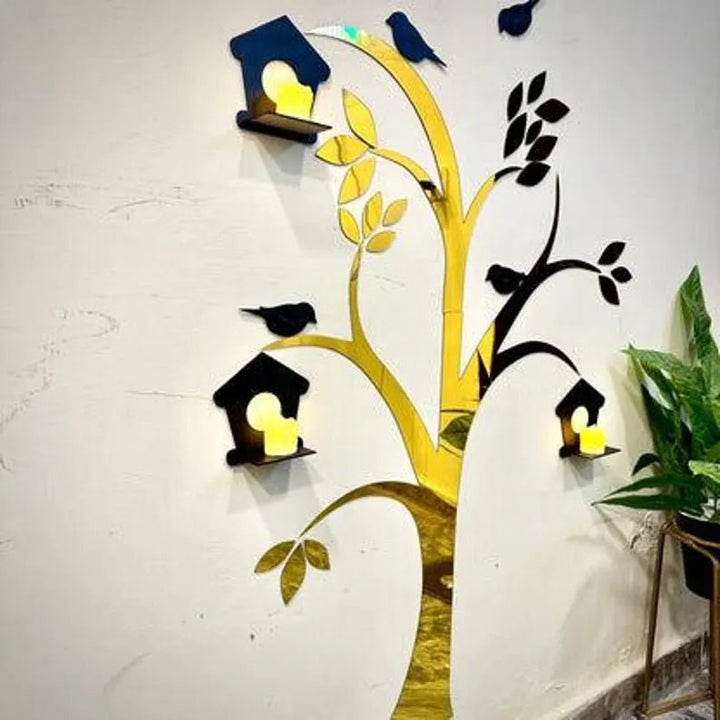Acrylic Birds on Tree Wall Decor with Wooden Shelves – Large Size .