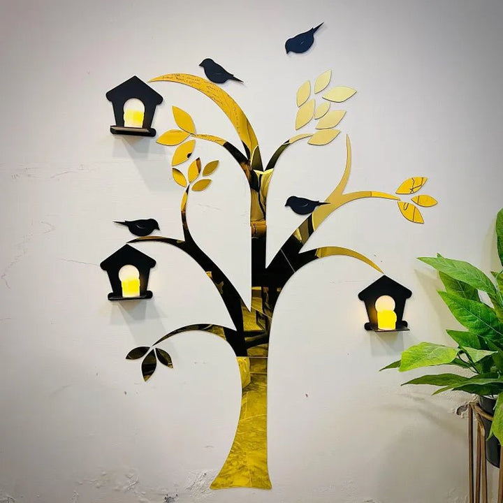 Acrylic Birds on Tree Wall Decor with Wooden Shelves – Large Size .