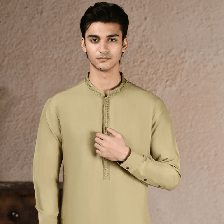 BEIGE BLENDED KAMEEZ SHALWAR - AlifdukanAlifdukan types here :)