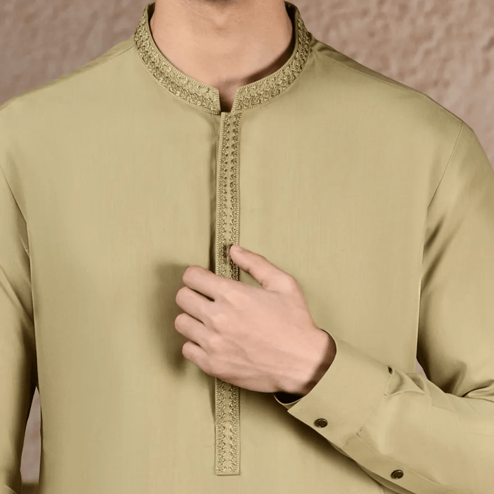 BEIGE BLENDED KAMEEZ SHALWAR - AlifdukanAlifdukan types here :)