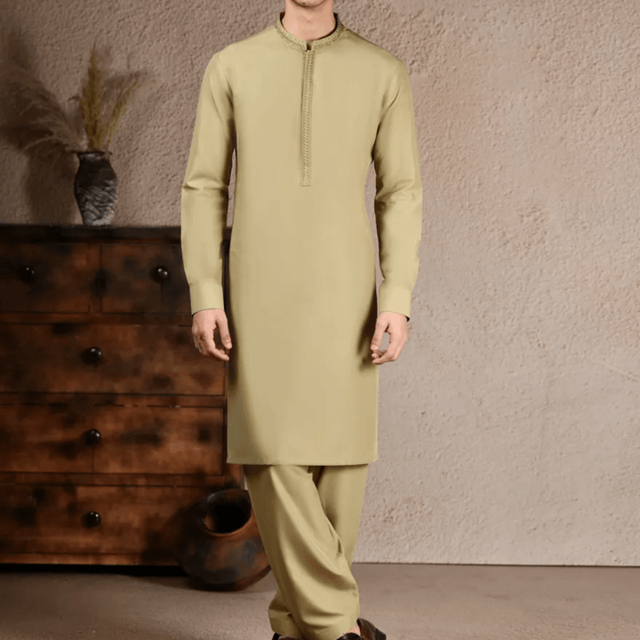 BEIGE BLENDED KAMEEZ SHALWAR - AlifdukanAlifdukan types here :)