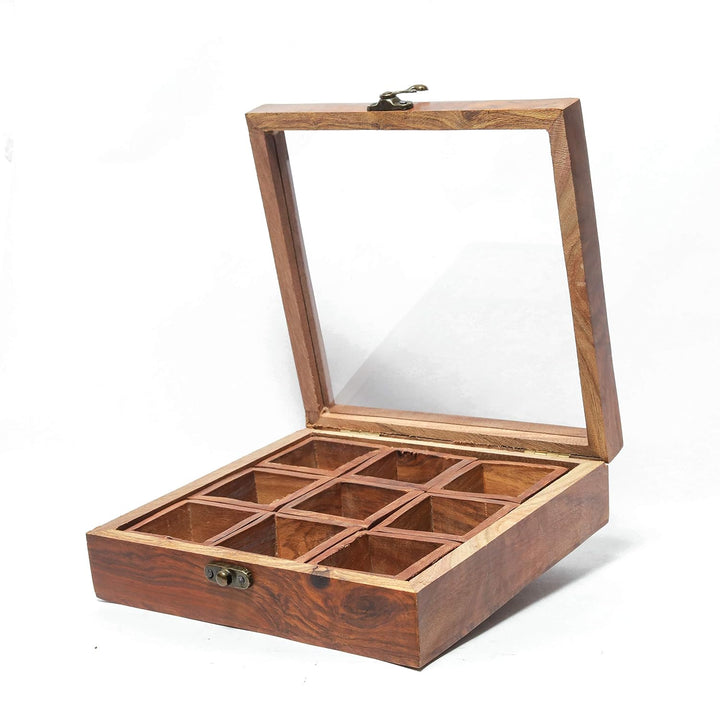Bikler Handcrafted Antique Sheesham Wooden Spice Box with 9 Piece Container Durable Rectangular Kitchen Box to use as Spice Masala or Dry Fruit Holder or Condiment Set - AlifdukanAlifdukan types here :)