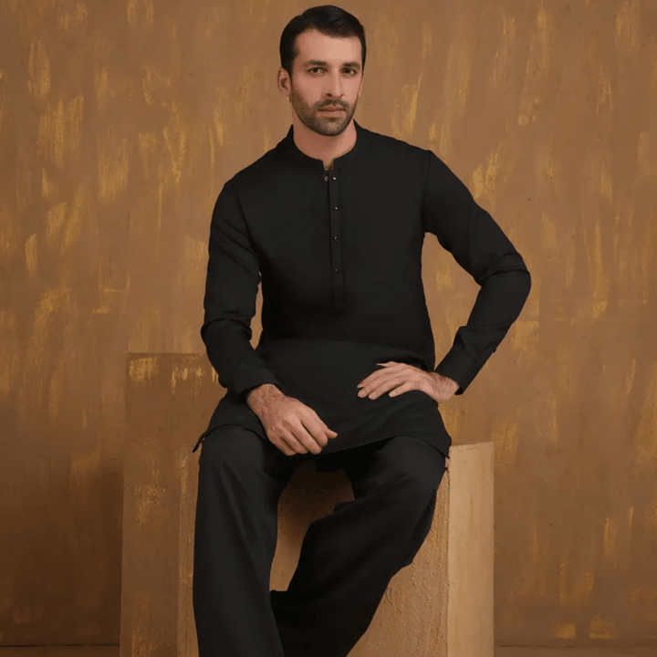 BLACK BLENDED SEMI - FORMAL KAMEEZ SHALWAR - AlifdukanAlifdukan types here :)