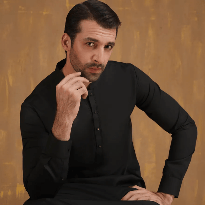 BLACK BLENDED SEMI - FORMAL KAMEEZ SHALWAR - AlifdukanAlifdukan types here :)