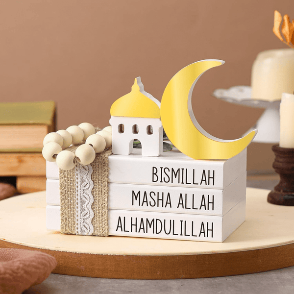 Blulu Islamic Wooden Tiered Tray Decor White Book Stack Golden Moon and Beads Start with Bismillah End with Alhamdulillah - AlifdukanAlifdukan types here :)