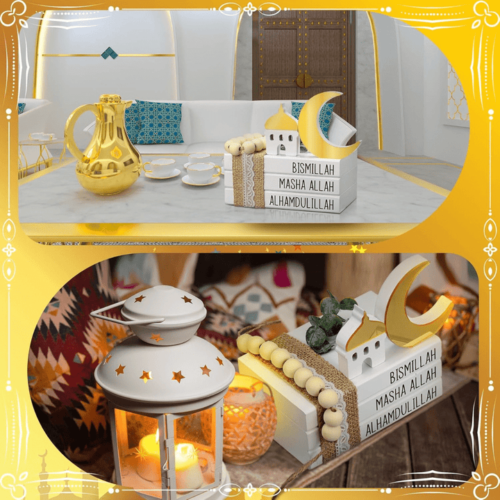 Blulu Islamic Wooden Tiered Tray Decor White Book Stack Golden Moon and Beads Start with Bismillah End with Alhamdulillah - AlifdukanAlifdukan types here :)