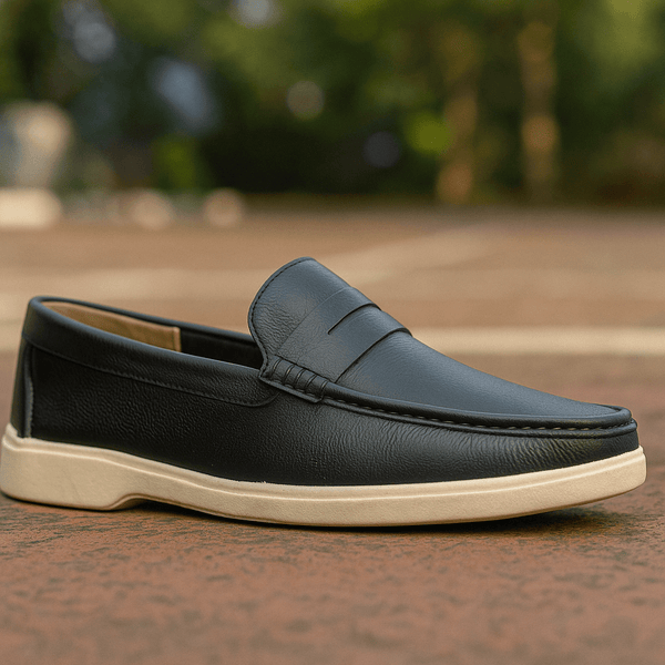 "Classic Black Leather Casual Loafers with White Sole" - Alifdukanstylebyalif types here :)