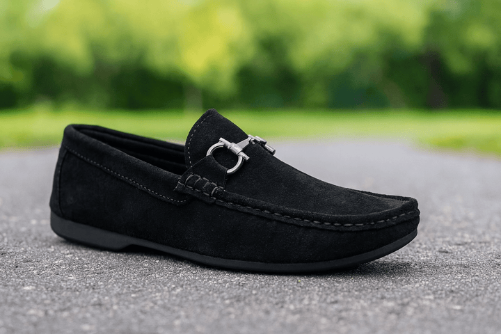 "Classic Black Suede Loafers with Silver Buckle – Modern Elegance" - Alifdukanstylebyalif types here :)