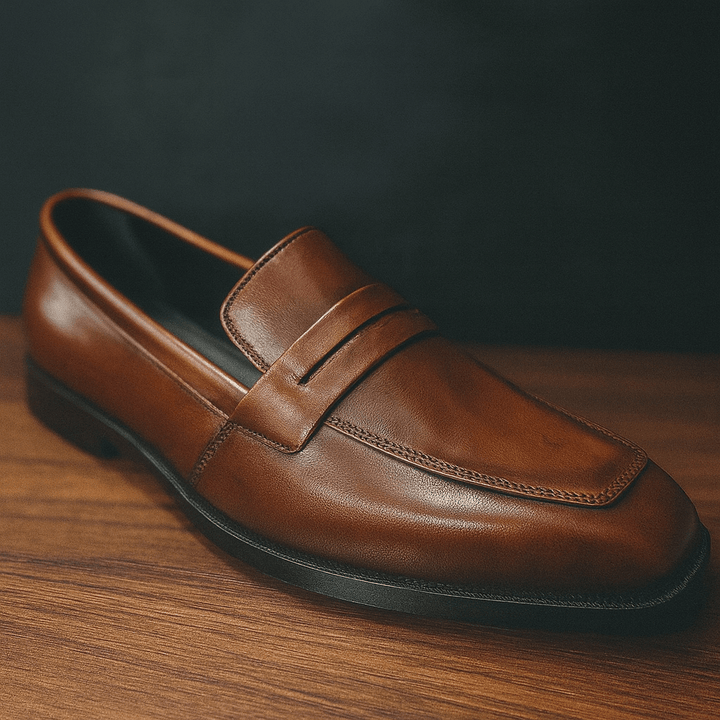 "Classic Brown Leather Penny Loafers – Timeless Sophistication" - Alifdukanstylebyalif types here :)