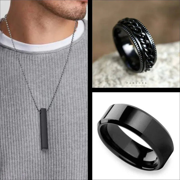 Combo Pack Of 3 Black Vertical Bar Necklace / Spinner Chain Ring And Titanium Ring For Boys /Necklace For Men - AlifdukanAlifdukan types here :)