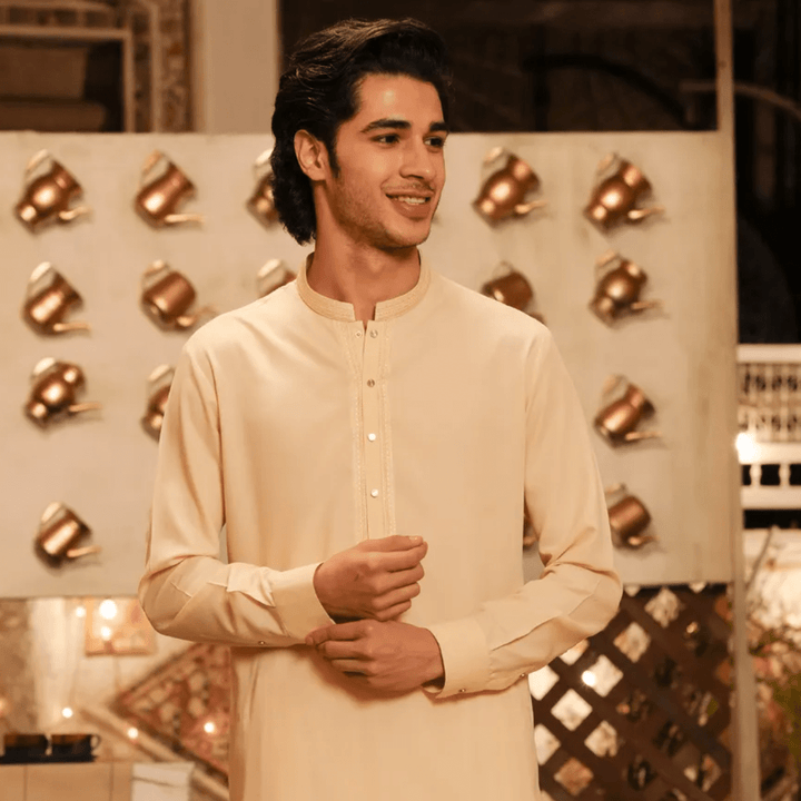 CREAM BLENDED SEMI - FORMAL KAMEEZ SHALWAR - AlifdukanAlifdukan types here :)