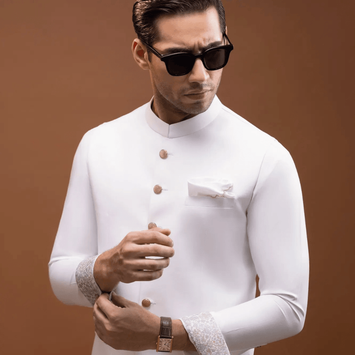 CUBA - WHITE BLENDED KAMEEZ SHALWAR + WAISTCOAT - AlifdukanAlifdukan types here :)