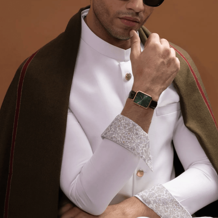 CUBA - WHITE BLENDED KAMEEZ SHALWAR + WAISTCOAT - AlifdukanAlifdukan types here :)