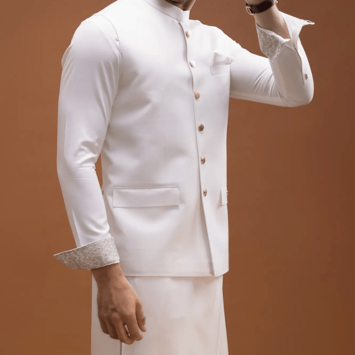 CUBA - WHITE BLENDED KAMEEZ SHALWAR + WAISTCOAT - AlifdukanAlifdukan types here :)
