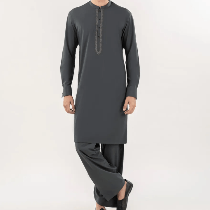 DARK GREEN BLENDED SEMI - FORMAL KAMEEZ SHALWAR - AlifdukanAlifdukan types here :)