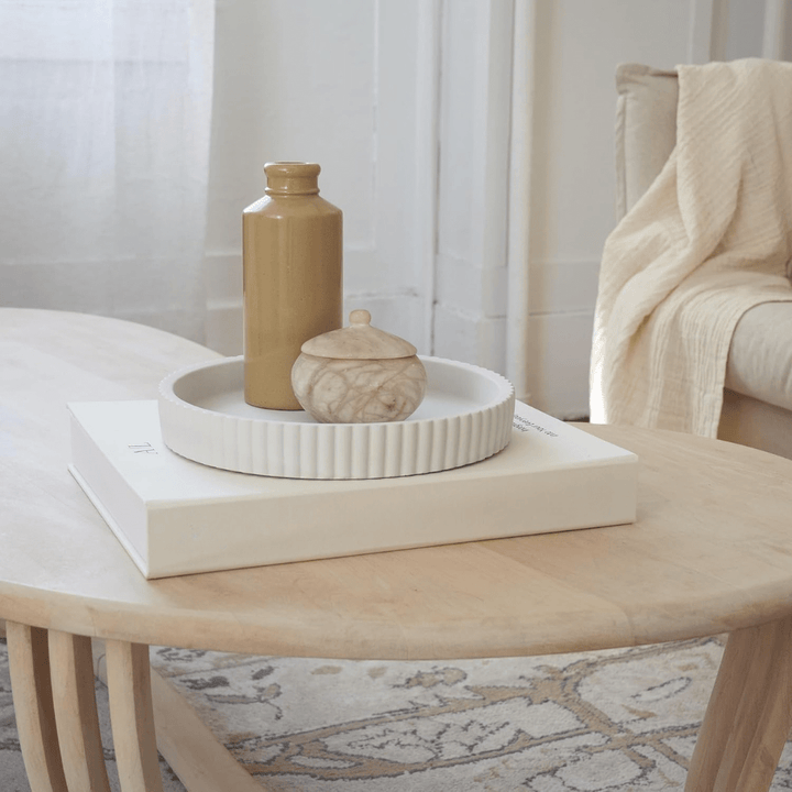 Decorative Concrete Tray & Book Decor Set - Scalloped Tray & Linen Box Enhance Your Coffee Table or Bookshelf Decor - AlifdukanAlifdukan types here :)