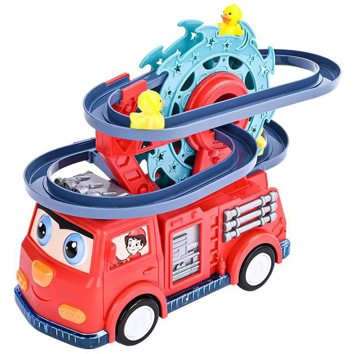 Fire Rail Car with Duck Slide Track climbing toy with lights/music, baby electric duck stair climbing toy set, duck stair slide toy for Boy and Girls - AlifdukanToys Arena types here :)