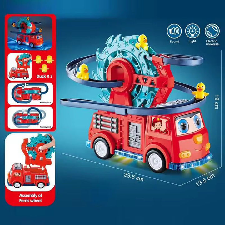 Fire Rail Car with Duck Slide Track climbing toy with lights/music, baby electric duck stair climbing toy set, duck stair slide toy for Boy and Girls - AlifdukanToys Arena types here :)