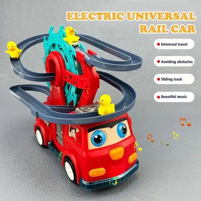 Fire Rail Car with Duck Slide Track climbing toy with lights/music, baby electric duck stair climbing toy set, duck stair slide toy for Boy and Girls - AlifdukanToys Arena types here :)