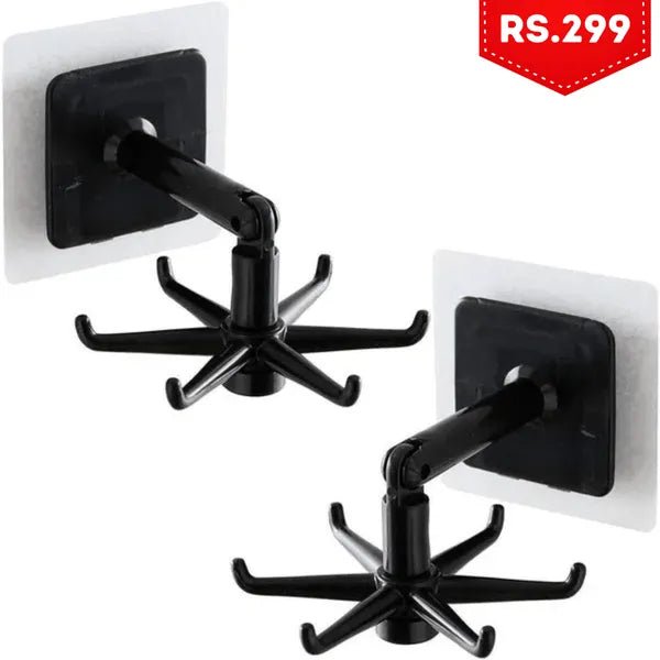 Goeielewe Kitchen Utensil Holder Hooks Heavy Duty, Plastic Self - Adhesive Hooks 360 ° Rotatable Folding Wall Hangers Racks with 6 Hooks for Kitchen, Bathroom, Office (Black) - AlifdukanAlifdukan types here :)