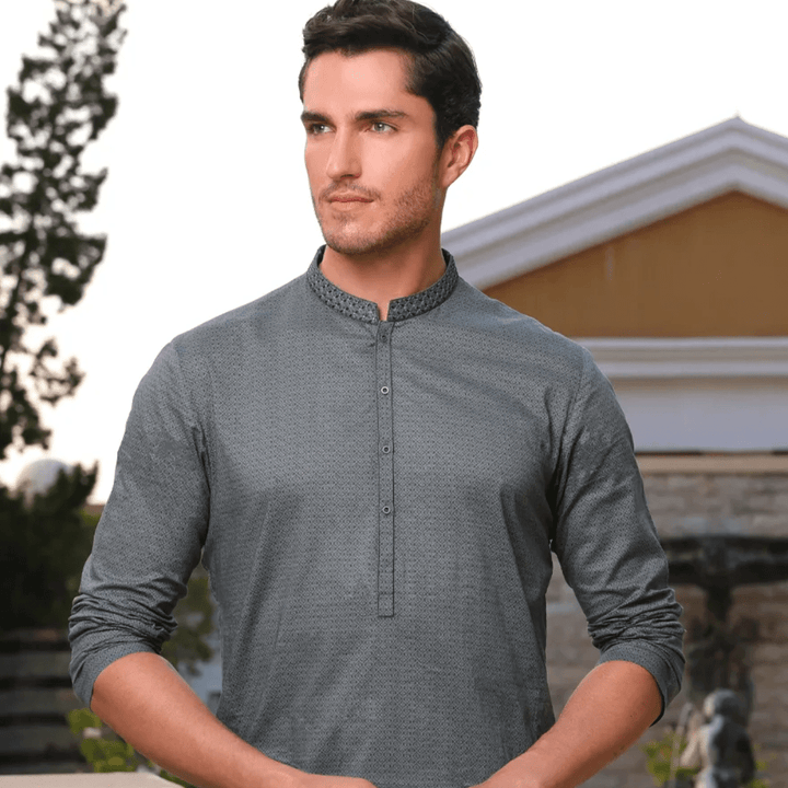 GREEN COTTON SEMI - FORMAL KURTA - AlifdukanAlifdukan types here :)