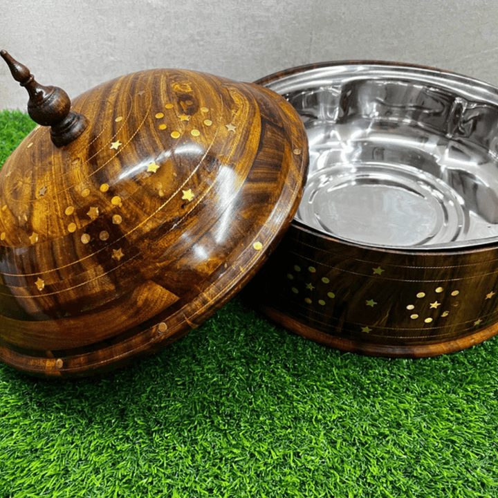 Hand - Made Wooden Hotpot With Brass & Carving Work - AlifdukanAlifdukan types here :)