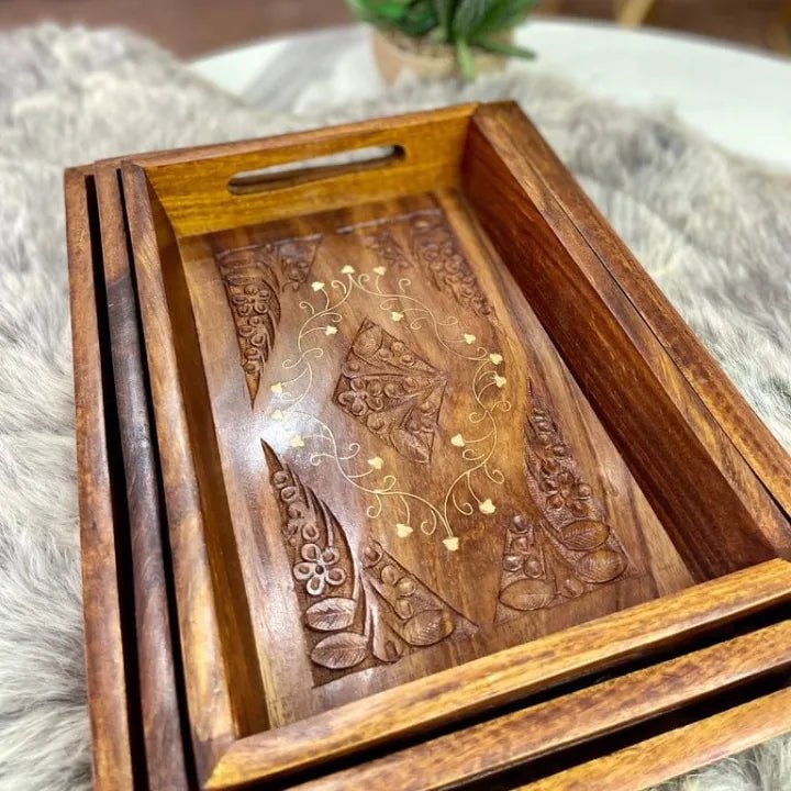 Handmade wooden carved serving tray set of 3 - AlifdukanAlifdukan types here :)