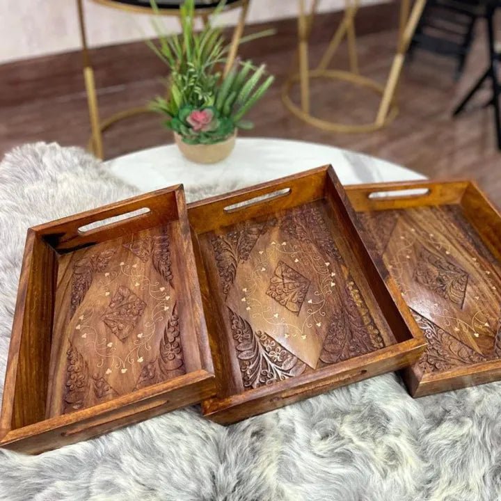 Handmade wooden carved serving tray set of 3 - AlifdukanAlifdukan types here :)