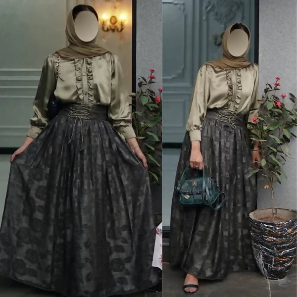 High Waist Black Green Printed Skirt/Shirt - AlifdukanBUY AURA.PK types here :)