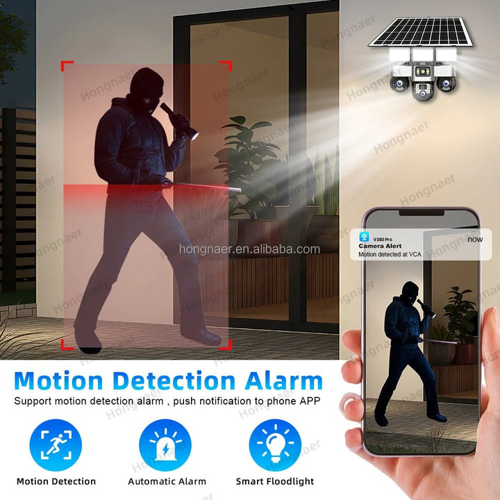 Hongnaer 6MP 3 Video 3 Lens Wireless Solar Panel Powered CCTV PTZ Camera V380 Pro Outdoor 4G Sim Card Solar Security Camera - AlifdukanAlifdukan types here :)