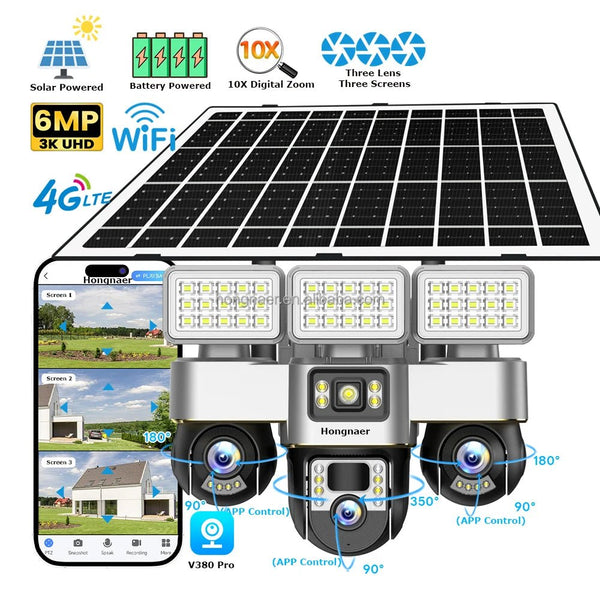 Hongnaer 6MP 3 Video 3 Lens Wireless Solar Panel Powered CCTV PTZ Camera V380 Pro Outdoor 4G Sim Card Solar Security Camera - AlifdukanAlifdukan types here :)